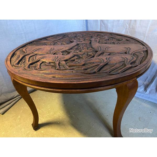Mobilier d'Art Populaire Table Basse Circulaire Bois Massif Sculpt� Ann�es 30/40