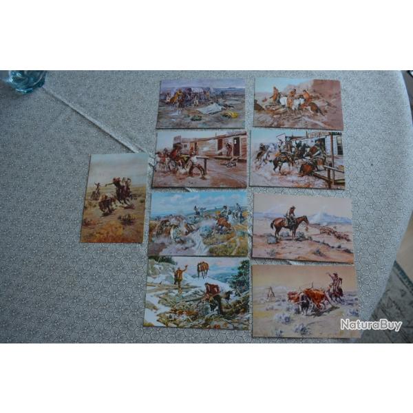 SERIEDE 9 CARTES REPRODUCTION DE PEINTURES DU PEINTRE NATURALISTE AMERICAIN CHARLES RUSSEL 1865-1926