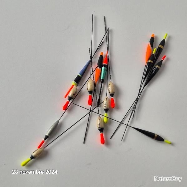 Lot de 15 flotteurs � tige pour la p�che diff�rents sensas, trabucco, autain