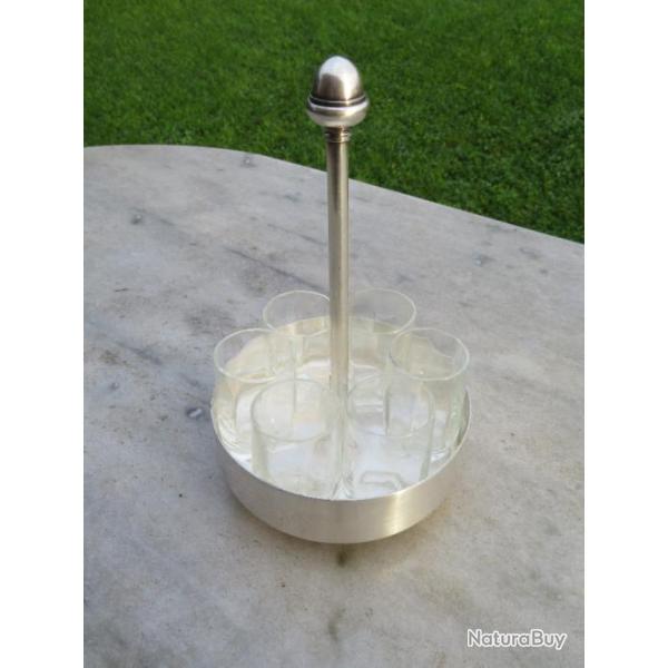 VINTAGE - Service de 6 verres � Shot/Vodka sur support circulaire en m�tal argent� (Vers 1960)