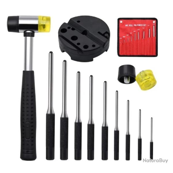 Set de 9 chasse-goupilles m�caniques avec marteau et bloc de travail sp�cial armes