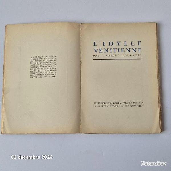 L'idylle v�nitienne. le livre, 1921; Gabriel Soulage recueil de textes courts