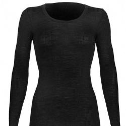 Haut femme col rond pure laine m&eacute;rinos c&ocirc;tel&eacute; noir