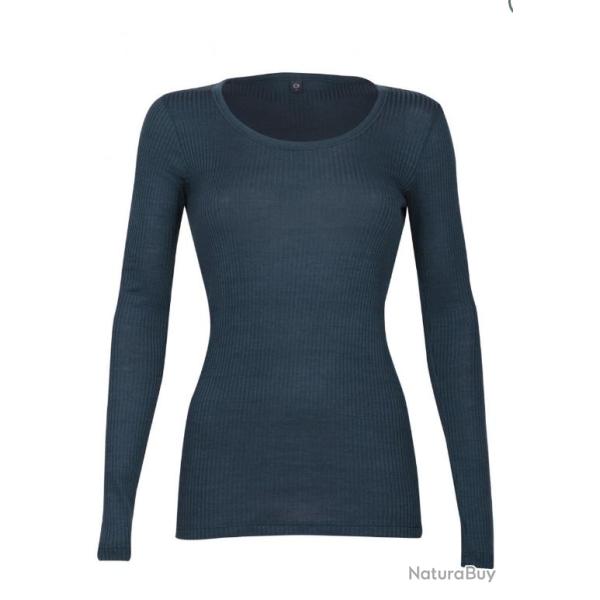 Haut femme col rond pure laine m�rinos c�tel� bleu marine navy