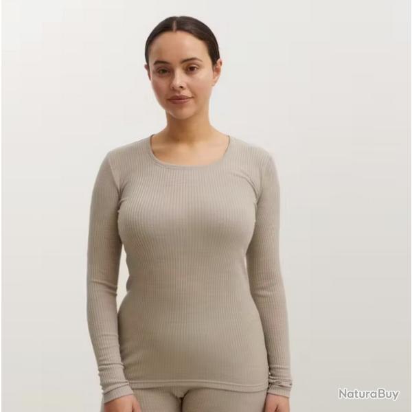 Haut femme col rond pure laine m�rinos c�tel� beige sable