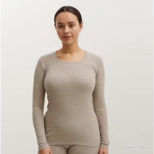 Haut femme col rond pure laine m�rinos c�tel� beige sable