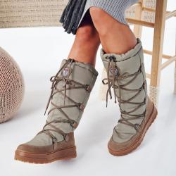 Bottes de ski hautes femme avec crampons OC syst&egrave;me en daim hydrofuge et tissu technique vert olive