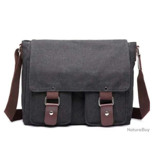 Sac Besace Bandouli�re Vintage en Toile pour Hommes et Femmes - Noir - Voyage, Travail, chasse