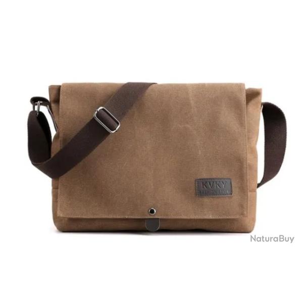 Sacoche Homme Vintage en Toile - Bandouli�re - Marron - Voyage, Loisir, Bureau, chasse