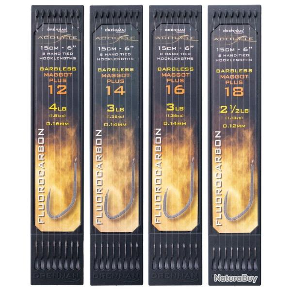 DRENNAN BAS DE LIGNE ACOLYTE MAGGOT PLUS BARBLESS HOOK PLATE 0,12mm 18 6''15cm
