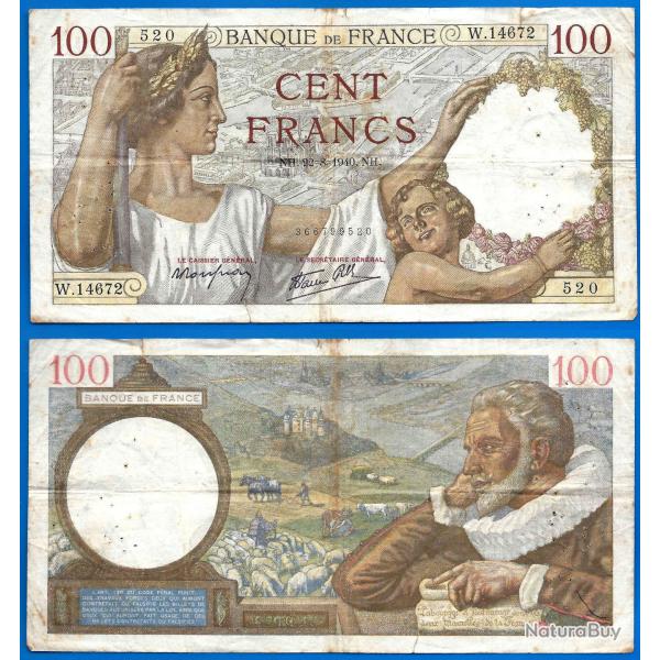 France 100 Francs 1940 22 Aout Sully Grand Billet Franc Frs Frc Frcs