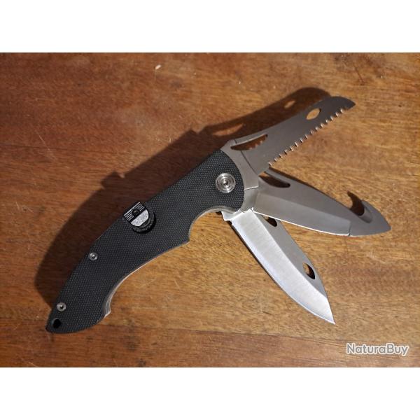 Couteau pliant multi-lames SIMBATEC (lame, scie, ouvre-bo�te), triple pompe, id�al chasse !!!