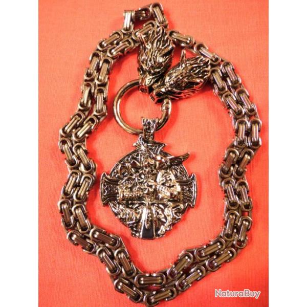 PENDENTIF + CHANE EN ACIER INOX ARGENTE 61cm POUR CADEAU OU COLLECTION D'OBJETS VIKING DIVERS