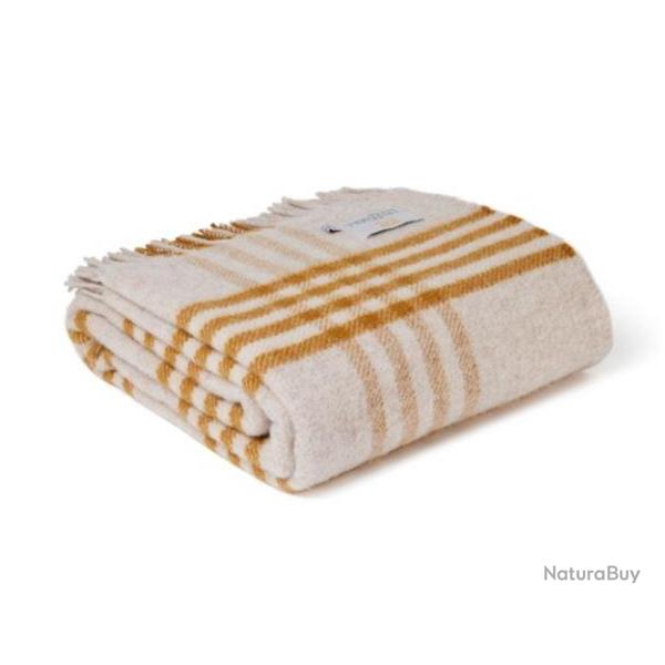 Plaid XXL beige � carreaux jaune moutarde - pure laine vierge 150 � 240 cm, fabriqu� en Angleterre