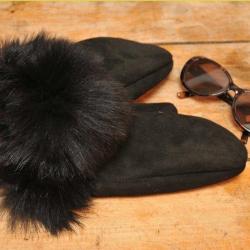 Moufles Femme en peau d'agneau retourn&eacute;e luxueuse noir noir