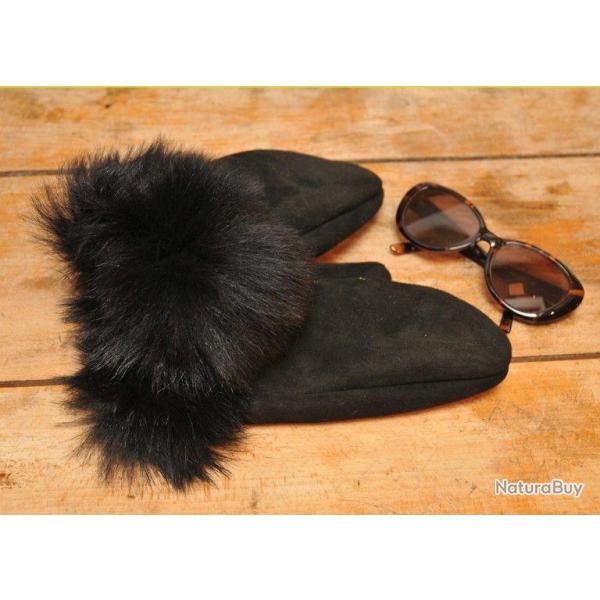 Moufles Femme en peau d'agneau retourn�e luxueuse noir noir
