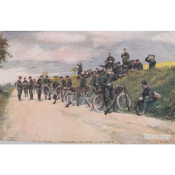 CPA - EN GUERRE-CHASSEURS CYCLISTES -LA HALT N�709