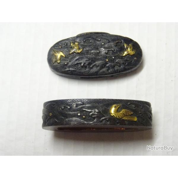 japon122) lot = magnifique paire de fuchi et kashira  en shakudo  = �poque �do