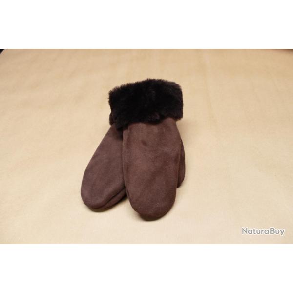 Moufles cuir NUBUCK Femme chaudes en peau d'agneau retourn�e marron fonc�