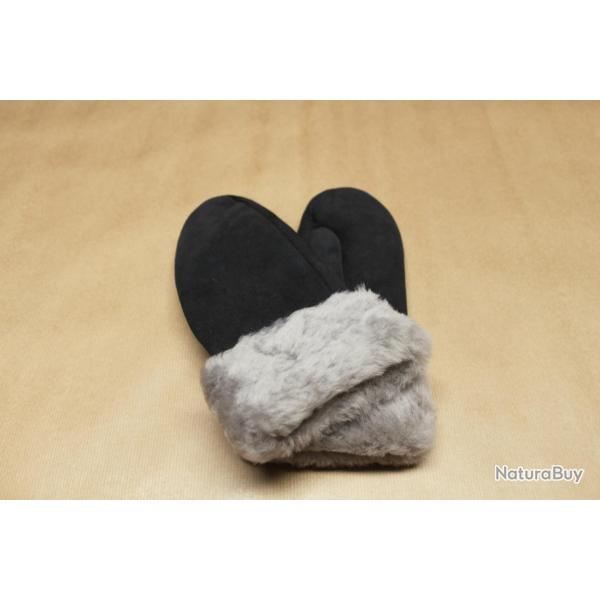 Moufles cuir NUBUCK Femme chaudes en peau d'agneau retourn�e TAUPE