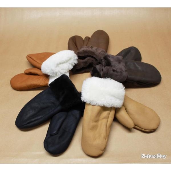 Moufles cuir Femme chaudes en peau d'agneau lain�e moka