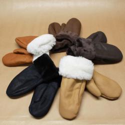 Moufles cuir Femme chaudes en peau d'agneau lain&eacute;e noir