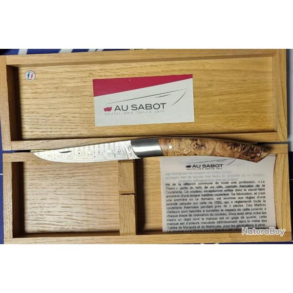 COUTEAU LE THIERS AU SABOT LAME 12 cm DAMAS MANCHE PEUPLIER STABILISE