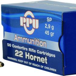 Cartouches PPU Calibre 22 HORNET SP 45grs - Boite de 50 unit&eacute;s