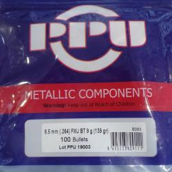 Ogives PPU Cal. 6.5mm .264 -139grs FMJ BT - sachet de 100 unit&eacute;s