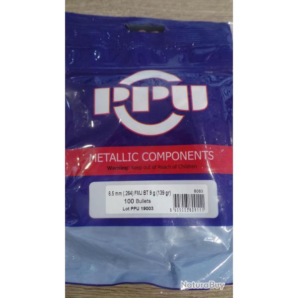 Ogives PPU Cal. 6.5mm .264 -139grs FMJ BT - sachet de 100 unit�s