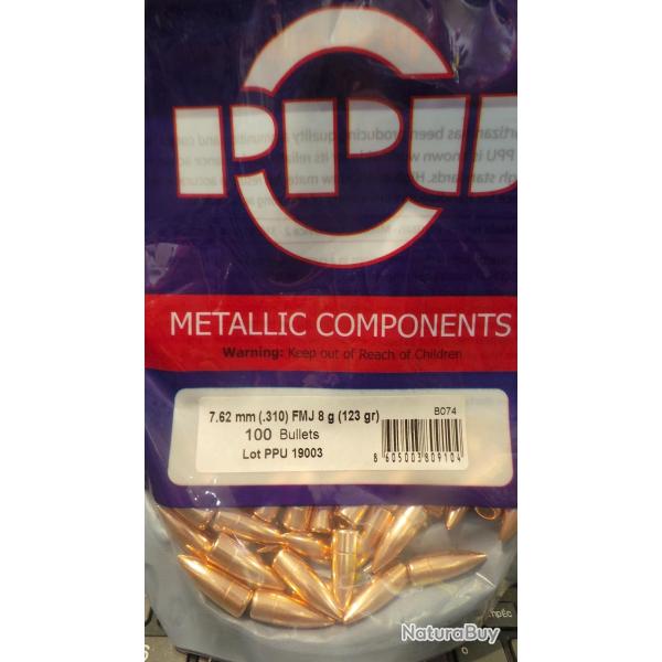 Ogives PPU Cal. 7.62mm (.310) 123gr FMJ - sachet de 100 unit�s