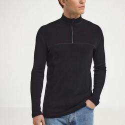 Polo homme manches longues chaud en laine m&eacute;rinos Zip col protecteur bleu ou noir noir M (m&eacute;dium)