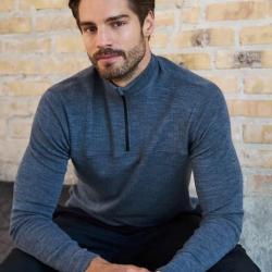 Polo homme manches longues chaud en laine m&eacute;rinos Zip col protecteur bleu ou noir 2XL bleu GRANIT