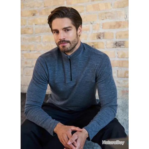 Polo homme manches longues chaud en laine m�rinos Zip col protecteur bleu ou noir 2XL bleu GRANIT