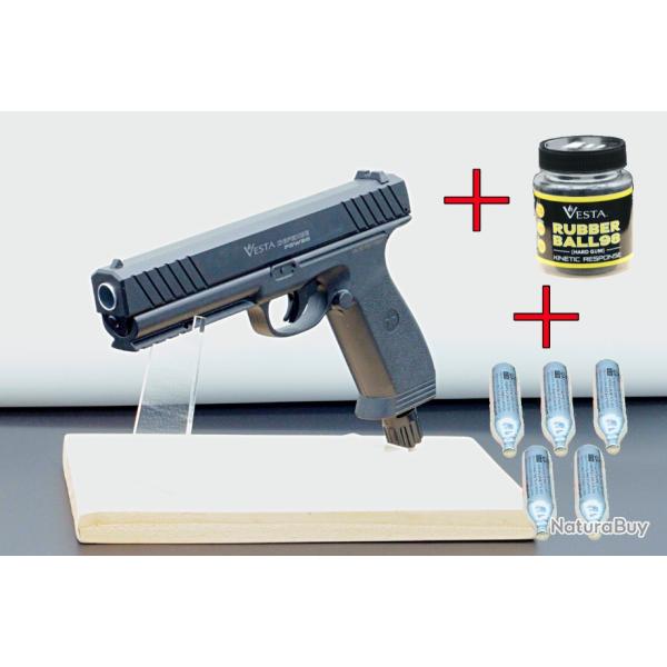 Pack 98 - Pistolet Vesta 14J - PDW50 + 50x Balles Vesta Rubber 98 VESTA +5 cartouches CO2