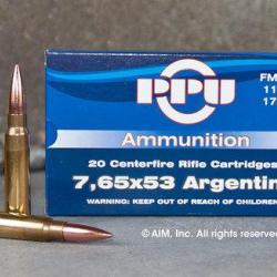 Cartouches PPU Calibre 7,65x53 ARGENTINE FMJBT 174grs - Boite de 20 unit&eacute;s