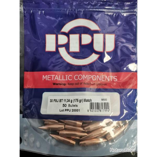 Ogives PPU Cal. 30 .308 MATCH - FMJBT 175grs - Sachet de 50 unit�s