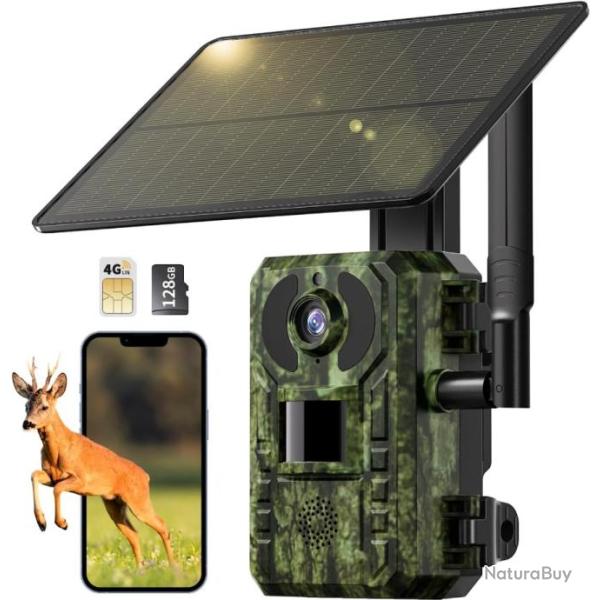 Cam�ra de Chasse  Solaire 4G avec SIM et 128GB Carte M�moire, Vid�o en Direct 2.7K Nocturne