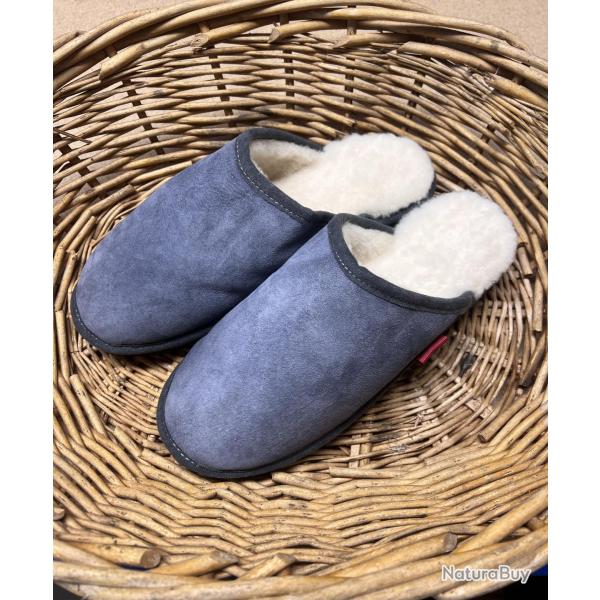 Chaussons homme chauds mules nordiques en peau d agneau gris