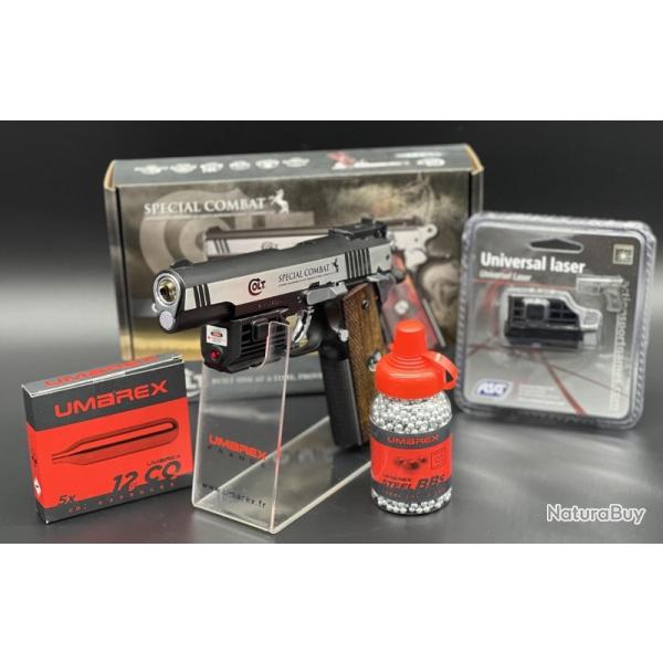 Pack pr�t � tirer avec laser Pistolet Colt Combat 4,5mm BB's (Inclus: Laser + CO2 + Billes acier)