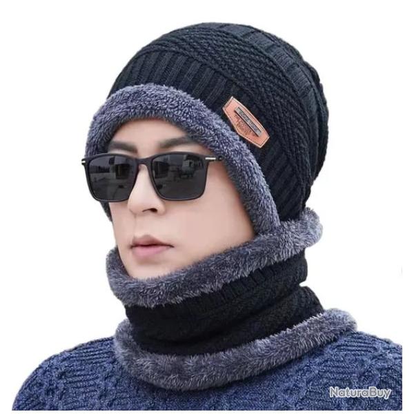 Ensemble Bonnet + �charpe Hiver Homme/Femme Tricot Acrylique Doubl� Polaire Noir Taille Unique