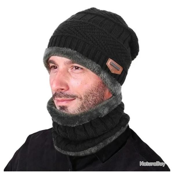 Ensemble Bonnet et �charpe Hiver Chaud Homme/Femme - Acrylique et Polaire Doubl�e - Bleu/Marron