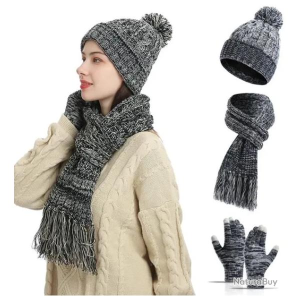 Bonnet Tricot� �charpe et Gants Tactiles Chaleur Confort et �l�gance 3 en 1 pour Femme Gris