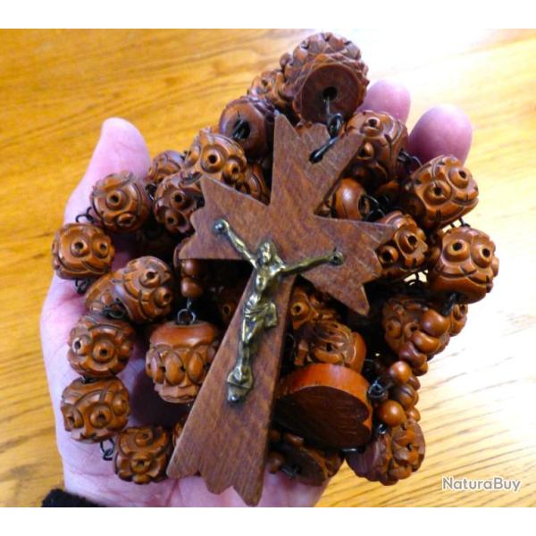 TRES GRAND CHAPELET ANCIEN EN BUIS SCULPTE A LA MAIN - FABRIQUE POUR LES MOINES - LONGUEUR = 120cm