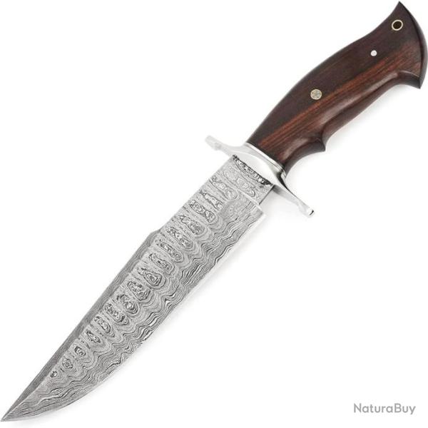 Couteau de chasse fait main en Acier de Damas � lame fixe avec fourreau et manche Noyer 33.5cm