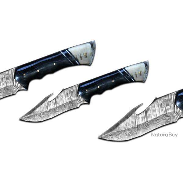 Couteau de chasse avec crochet intestinal Lame en acier damass� de 10 pouces micarta noir et belier