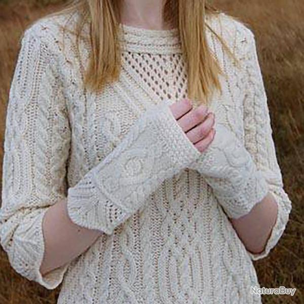 Mitaines femme sans doigts en laine m�rinos blanc �cru