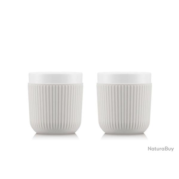 BEL2192 SET DE 2 MUGS BODUM "DOURO" EN PORCELAINE MANCHON SILICONE BLANC 20CL NEUF