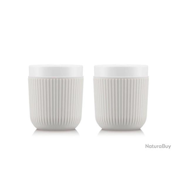 BEL2193 SET DE 2 MUGS BODUM "DOURO" EN PORCELAINE MANCHON SILICONE BLANC 30CL NEUF