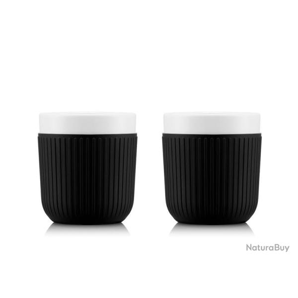 BEL2194 SET DE 2 MUGS BODUM "DOURO" EN PORCELAINE MANCHON SILICONE NOIR 20CL NEUF